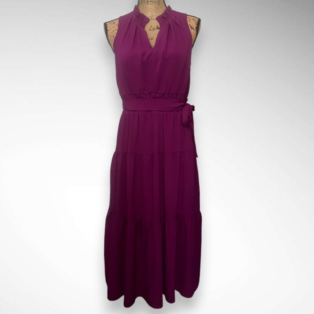 DKNY Tiered Sleeveless Belted Maxi/Midi Dress In Wild Berry/Magenta Size 6